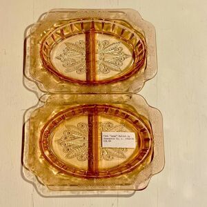 Jeanette Depression Glass Pink Adam Floral Etched Molded 1930’s Relish Dishes